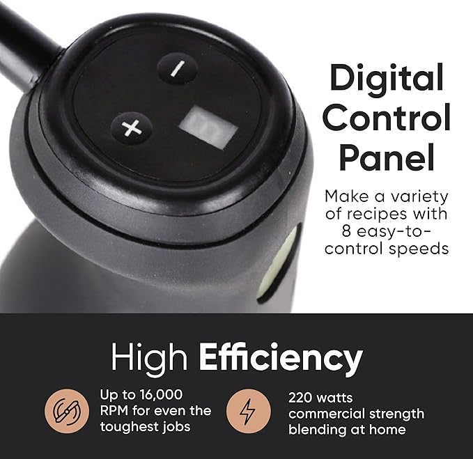 Handheld Immersion Blender 220W - 7??Stainless Steel with 8 Speeds - 110V + 1-Yr Coverage and 24/7 Pro Chef Support