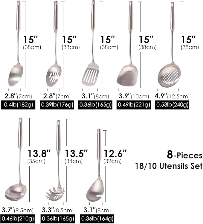 18/10 Stainless Steel Kitchen Utensils Set - 15??All Metal Cooking Tools & Serving Utensils, 8 PCS - Solid Spoon, Slotted Spoon, Spatula, Ladle, Skimmer, Tunner, Spaghetti Spoon, Large Spoon Set