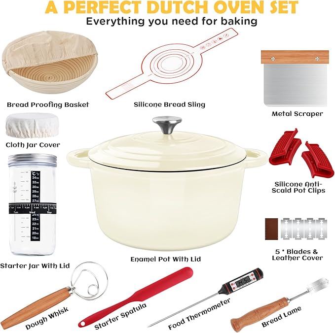 Enameled Cast Iron Dutch Oven Pot with Lid, Incl. Sourdough Bread Baking Supplies Like Banneton Bread Proofing Basket, Starter Jar, Scoring Tool Lame, 5QT Dutch Oven for Bread Baking, Oven Safe up to 500째F