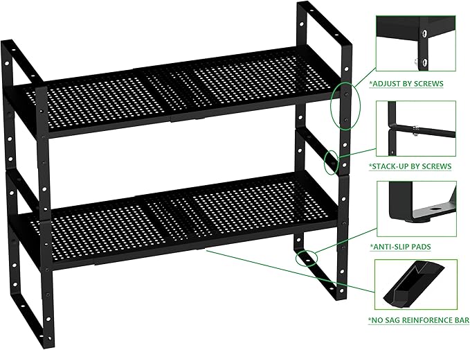 Expandable Shoe Rack Stackable Metal Pantry Storage Shelves Stand Adjustable Height Cabinet Shelf Organizer Racks Spice Shelving(1PACK/BLACK,MEDIUM)
