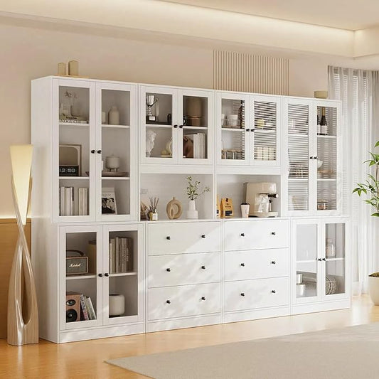 TUSY 71'' H Kitchen Hutch Storage Cabinet, 5-Tier Pantry Cabinet, Buffet Hutch with Drawers, China Cabinet with Glass Doors, Storage Cabinets for Dining Room, Kitchen, Living Room (White)