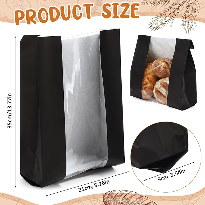 Domensi 450 Pcs Paper Bread Bags for Homemade food 13.7 x 8.2 x 3.5 Inch Large Paper Bakery Bag with Window Sourdough Bread Bags for Baked Food Packaging Storage (Black)