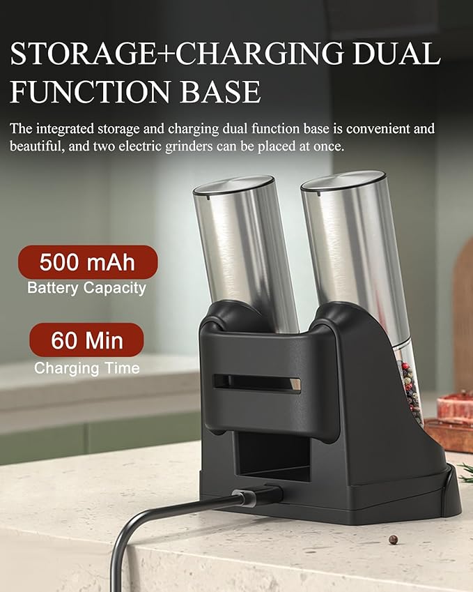 [Upgraded Larger Capacity]Electric Salt and Pepper Grinder Set Tomentific, Automatic Pepper Mills with Easy-to-Carry Dual Charging Station and Adjustable Coarseness, LED Light, Stainless Steel