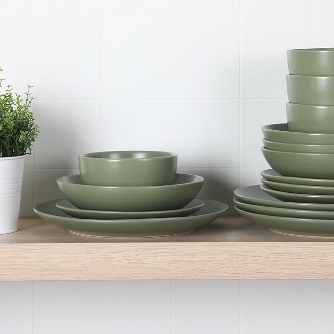 Gibson Home Queenslane 16-Piece Matte Green Stoneware Dinnerware Set ??Double Bowl Plates and Bowls, Durable Kitchen Dinner Set