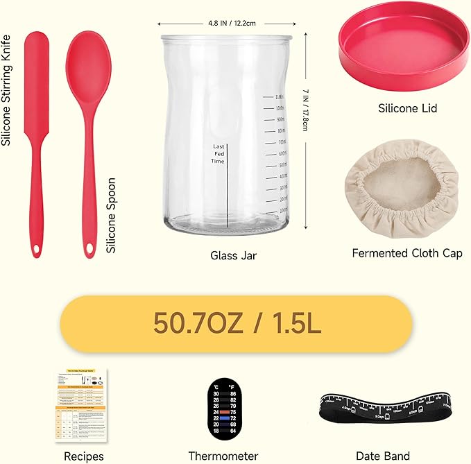 Pro Sourdough Starter Kit- 50oz Large Capacity Sourdough Starter Jar, 17 Flavorful Fermentation Recipes, Sourdough Bread Baking Supplies for Making Delicious Sourdough Breads(Red, 1Set)