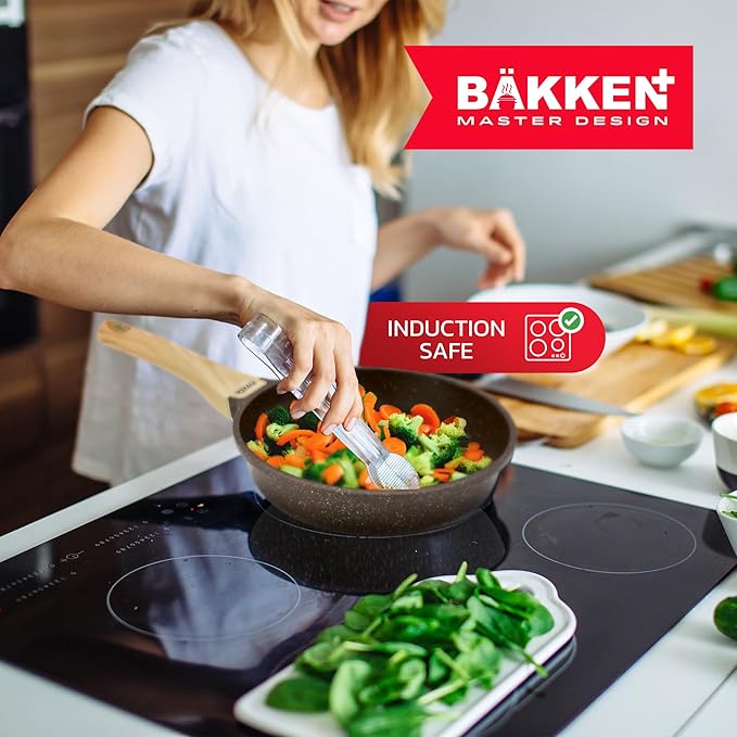 Bakken Master 20 Piece Cookware Set - Pots and Pans with Handle Grips and Tempered Glass Lids, With 6-piece Bakeware Set, Nonstick Granite Coating, Ceramic Max Temperature (Up To 500째F), Brown Marble