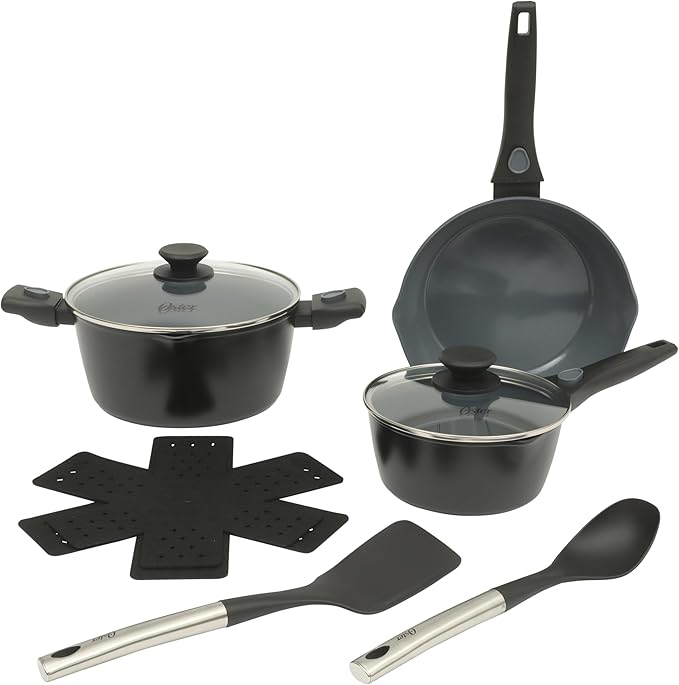 Oster SmartHandle Advance 13-Piece Ceramic Nonstick Cookware Set ??Matte Black Finish, Gray Interior, Induction Base, Detachable Handles, Oven & Dishwasher Safe, With Utensils & Pan Protectors