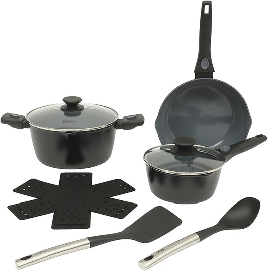 Oster SmartHandle Advance 13-Piece Ceramic Nonstick Cookware Set ??Matte Black Finish, Gray Interior, Induction Base, Detachable Handles, Oven & Dishwasher Safe, With Utensils & Pan Protectors