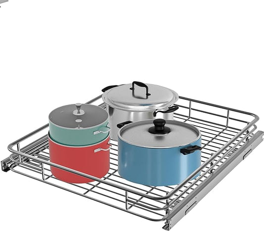 Pull Out Cabinet Organizer (22" W x 21" D), Slide Out Shelves for Kitchen Cabinets, Pull Out Drawers Heavy-Duty Metal Rolling Shelf, Chrome Finish