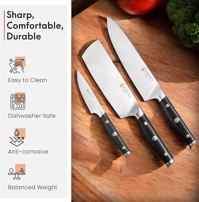 3-Piece Kitchen Knife Set ??Includes 8??Chef Knife, 7??Nakiri, 3.5??Paring ??High Carbon German Stainless Steel Blades, Ergonomic Handle ??Versatile Knife Trio for Chopping, Dicing, and Slicing