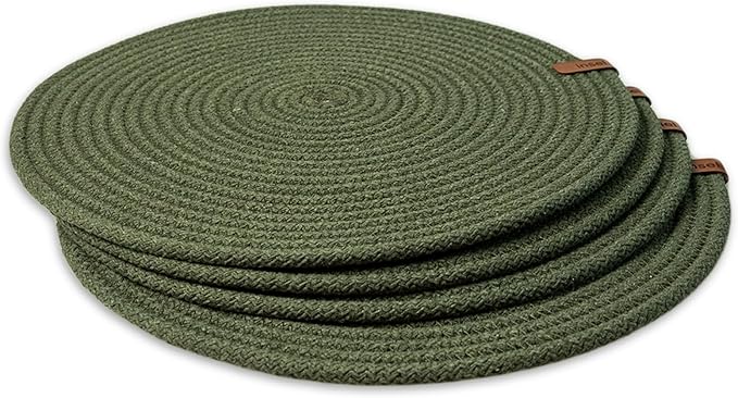 Round Placemats, Set of 4, Handmade by Braided Cotton Cord for Kitchen and Dining Table, Dia. 12.6 Inch, Doublesided, Heat Resistant, Green