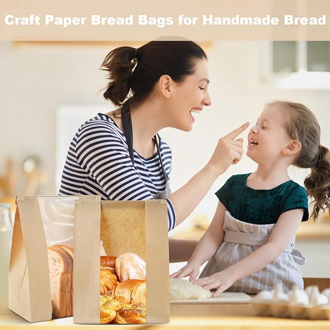 100 Pack Reusable Bread Bags with Tin Strip, Large Bakery Bags with Window, Beige, Kraft Paper with Polyethylene interior, Twist Tie Closure, Ideal for Homemade Bread, Sourdough, and More