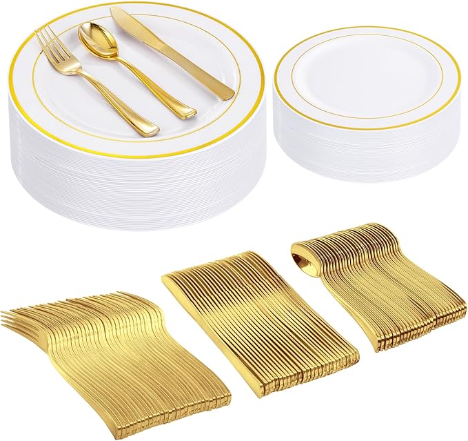 I00000 300 Pcs Gold Plastic Plates with Silverware, White and Gold Plastic Dinnerware Set for Party include: 60Dinner Plate 10.25", 60Dessert Plate 7.5", 60 Silverware Sets for Wedding & Party