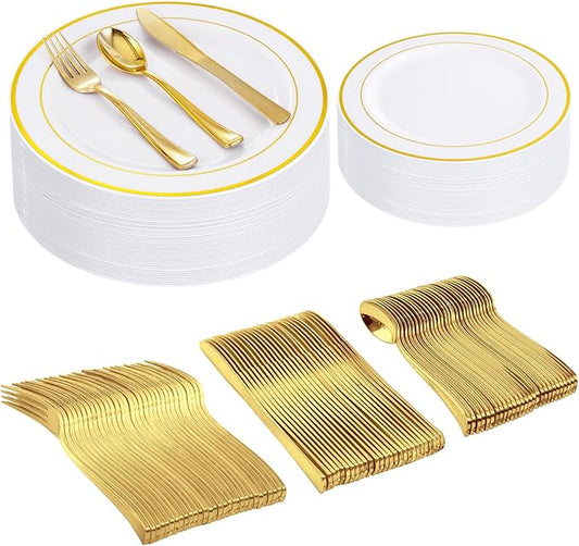 I00000 300 Pcs Gold Plastic Plates with Silverware, White and Gold Plastic Dinnerware Set for Party include: 60Dinner Plate 10.25", 60Dessert Plate 7.5", 60 Silverware Sets for Wedding & Party