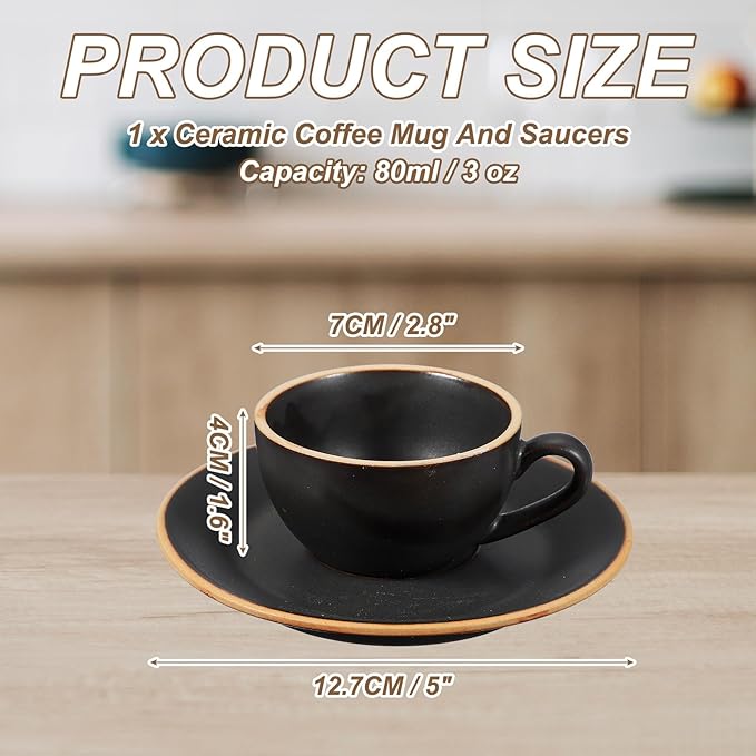 uxcell Handmade Vintage Espresso Cups, 9.5 oz Coffee Cups and Saucers Ceramic Tea Cup with Handle Dishwasher and Microwave Safe for Latte Cappuccino Milk Office Home Gifts, Morandi Black