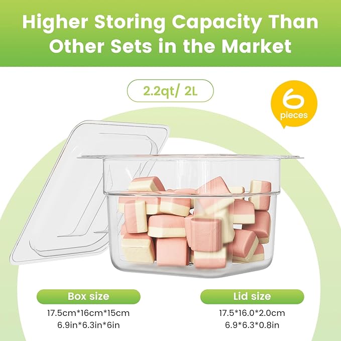 6 Pack Plastic Food Pan with Lid 1/6 Size 6 Inch Deep Restaurant Clear Food Storage Containers Polycarbonate Commercial Hotel Pans for Fruits Vegetables Beans Corns (6 PCS, 6'' Deep)