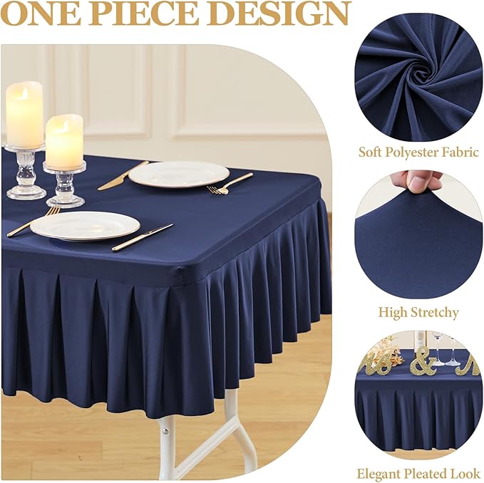 Wish Care 2 Pack Navy Blue Spandex Table Clothes for 8 Foot Rectangle Tables Wrinkle Free Fitted Stretch Fitted Tablecloths 8ft Pleated Ruffle Elastic Table Cover Skirt for Banquet Dining Home Party