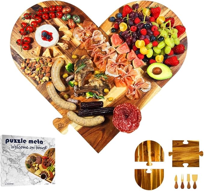 Large Charcuterie Board Set - 3 Pieces with Knife Set, Premium Acacia Wood Cheese Boards, Heart Shaped Serving Tray with Gift Box, Christmas, House Warming Gifts New Home, Wedding & Bridal Shower Gift