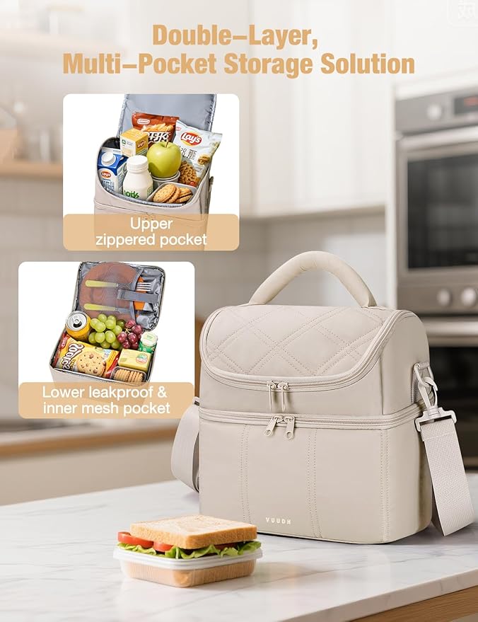 Vuudh Insulated Lunch Bags for Women, Quilted Lunch Box, Lightweight Puffy Padded Waterproof Lunch Tote, Reusable Lunch Cooler bag for Work Picnic Travel