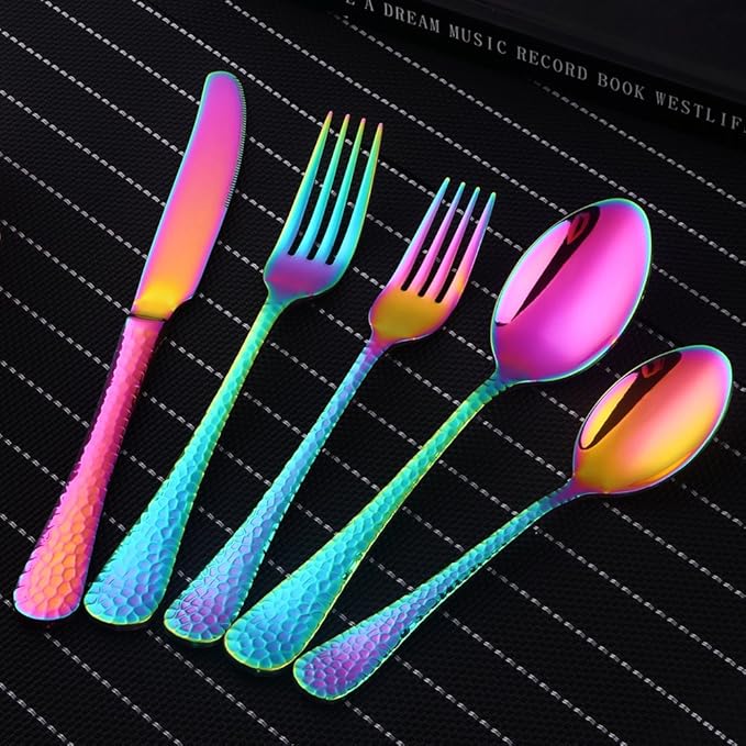 5-Piece Rainbow Silverware Flatware Set Service for 1 Stainless Steel Cutlery Set Include Dinner Knife Table Fork Table Spoon Salad Fork Tea Spoon for Wedding, Dishwasher Safe