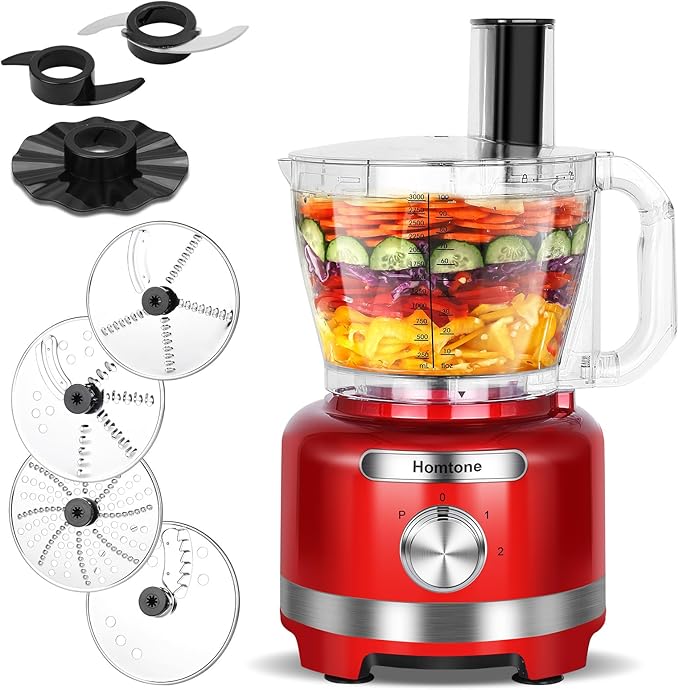 Homtone 16 Cup Food Processor Large, 9 Functions 7 Blades 3 Speeds for Shredding, Slicing, Making French Fries, Chopping Meat, Kneading Dough & Emulsifying, 600W (16 Cup-7 Blades)