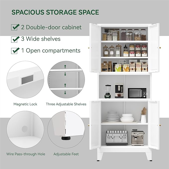 COFaR 69" Tall Modern Kitchen Pantry,Metal Storage Cabinet with Adjustable Shelves,Pantry Cabinet with 6-Tier,Freestanding Cupboard for Kitchen,Dining Room,Living Room,Bathroom,White