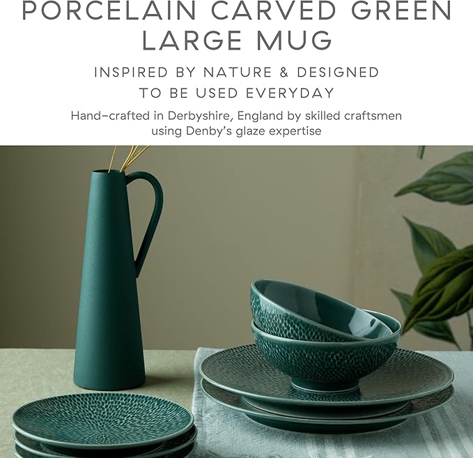Denby - Carved Green Large Mug - 14 Ounce - 4.7 Inch - Dishwasher Microwave Oven Safe - Large Uniquely Textured Porcelain Mug - Scratch Chip Resistant