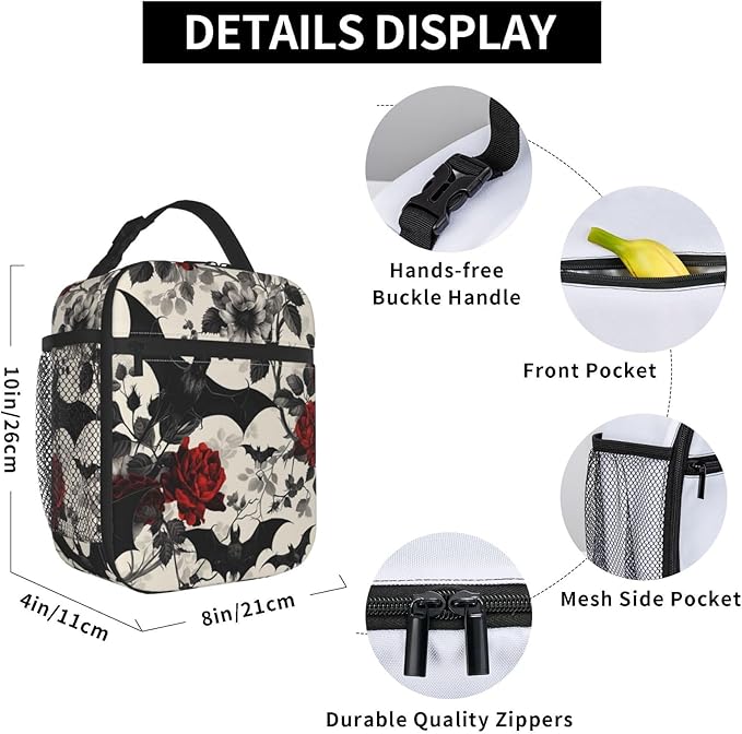 VANZEV Goth Lunch Box for Adults Women Girls Boys Kids Floral Lunch Box Insulated Cooler Reusable Lunch Bag Container Gifts for Work Office Picnic Travel School
