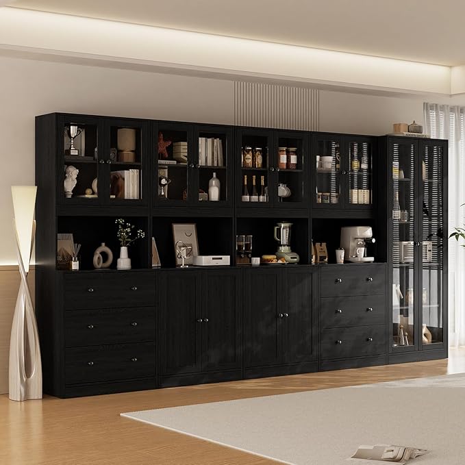 VOWNER 5PCS Bookshelf and Bookcase, 5-Tier Modern Bookshelves with 3 Large Drawer, Glass Display Cabinet with Lager Storage Shelf, Combination Storage Shelves for Home Office, (Black)