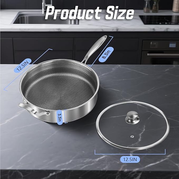 Frying Pans Nonstick wih Lid, Non Stick Tri-Ply Stainless Steel Saute Pan, 7 Quarts Large Saut챕 Pan, 12 Inch Induction Cooking Pan, Dishwasher and Oven Safe, PFOA Free