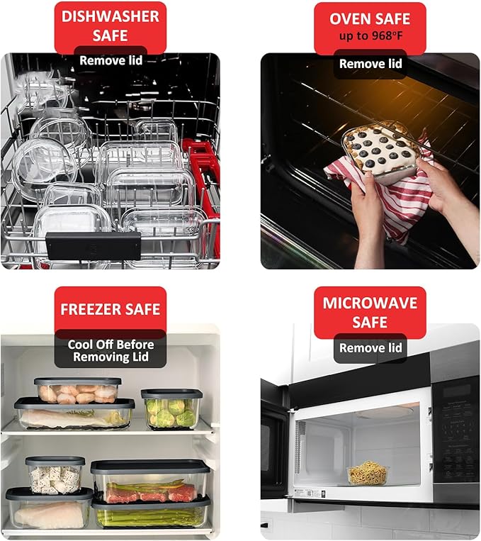 EATEX 6 Pack Glass Meal Prep Containers with Grooved Base, 6 Stackable BPA Free Glass Storage Containers with Lids for Lunch, Pantry, and Kitchen - Microwave, Dishwasher Freezer & Oven Safe - Black