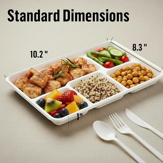5 Compartment Compostable Heavy Duty Disposable Paper Plates, 300 Count | 10.2" X 8.3" | Natural Bagasse, White Biodegradable Eco-Friendly School Lunch, Buffet, Party Sugarcane Tray
