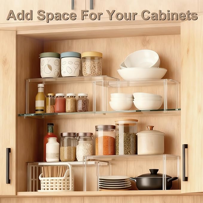 Clear Kitchen Cabinet Organizer, Set of 4 Acrylic Shelves Organizer for Pantry Organizers and Storage, Tiered Spice Organization for Cabinet, Stackable Cabinet Organizer Shelf for Desk Countertop