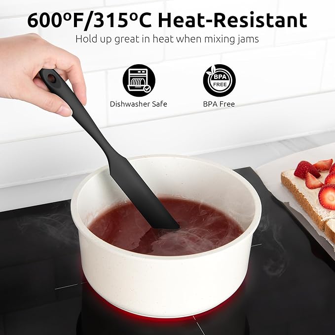 U-Taste Skinny Silicone Jar Spatula: 600쨘F Heat-Resistant Food-Grade 10in Long Narrow Sourdough Stirring Stick, Seamless Flexible Peanut Butter Spreader for Scraping Icing Bread Cream, Jam (Black)