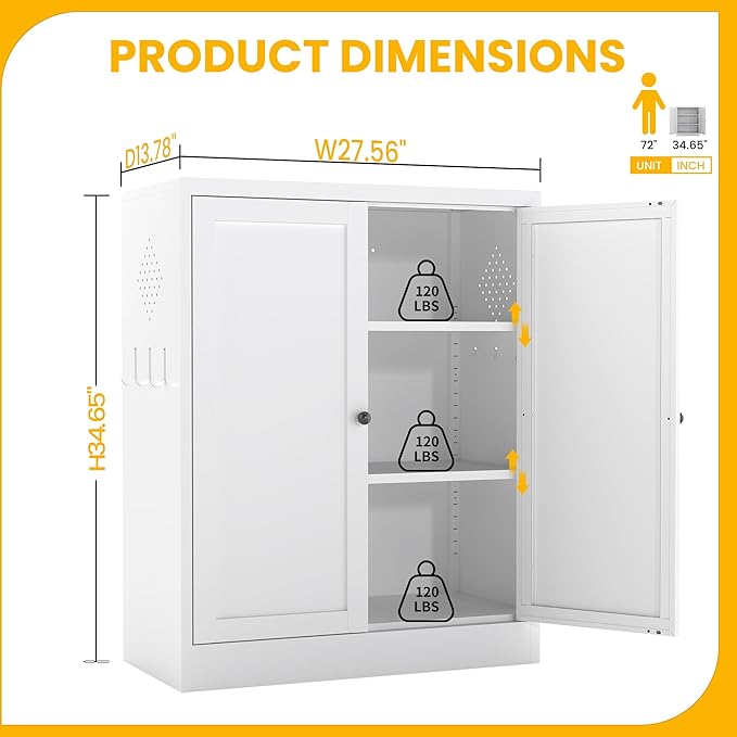 34.5" Metal Storage Cabinet with 2 Adjustable Shelves, Kitchen Pantry Cabinet with Ventilation Holes and Hooks for Home, Living Room, Pantry (White)