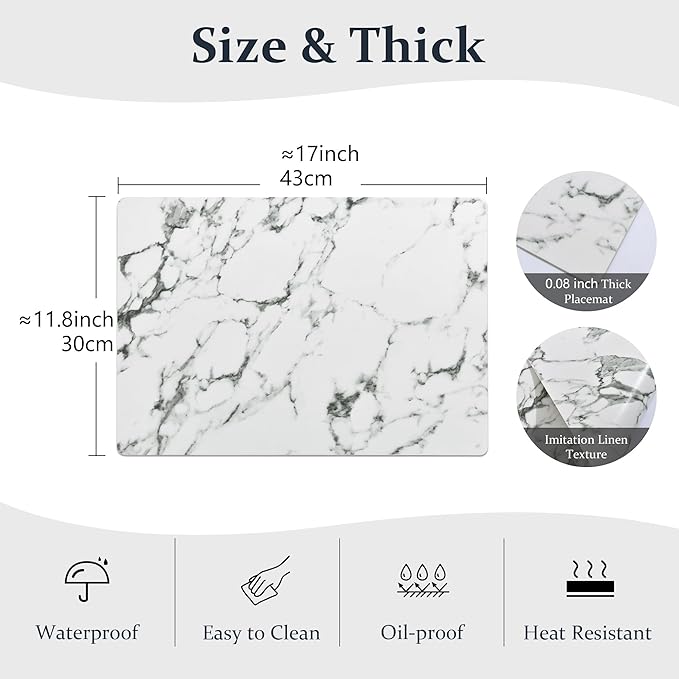 FROMHEART Faux Leather Placemats Set of 8?밯aterproof,Heat/Oil Stain-Resistant PU Table Mat?밨eversible,Easy to Clean Place Mats for Kitchen,Dining,Indoor/Outdoor,(Marble,11.8" x 17")