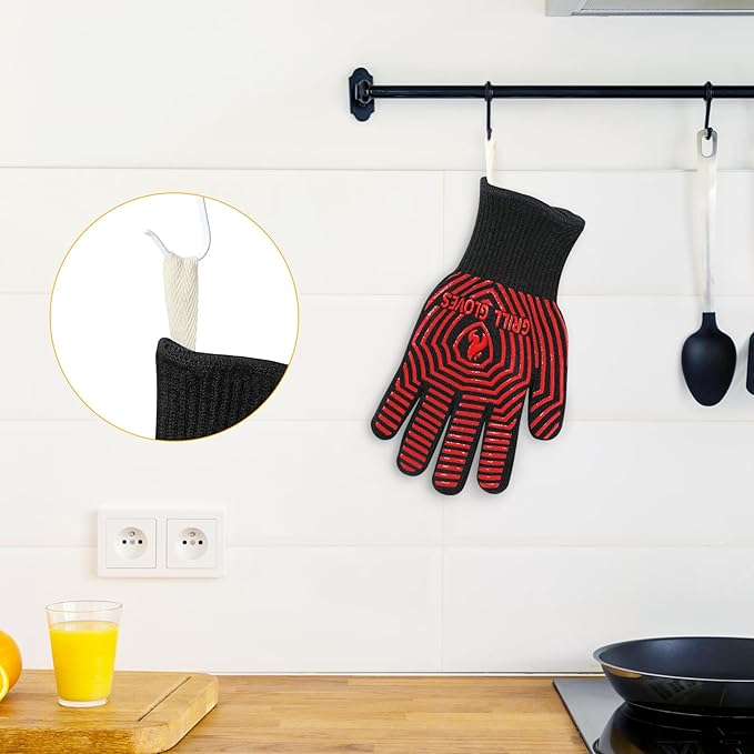 QUWIN BBQ Gloves, BBQ Accessories 1472??Extreme Heat Resistant, Grilling Gloves Silicone Non-Slip Oven Mitts, Kitchen Gloves for BBQ, Grilling, Cooking, Baking-1 Pair 11inch, Red