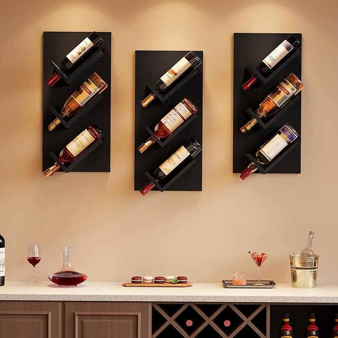 Hoctieon Wine Rack Wall Mounted, 6 Bottles Hanging Wine Racks Bar Shelves for Display & Storage, Rustic Wood Wine Bottle Holder for Home Bar, Kitchen, Dining Room, Black