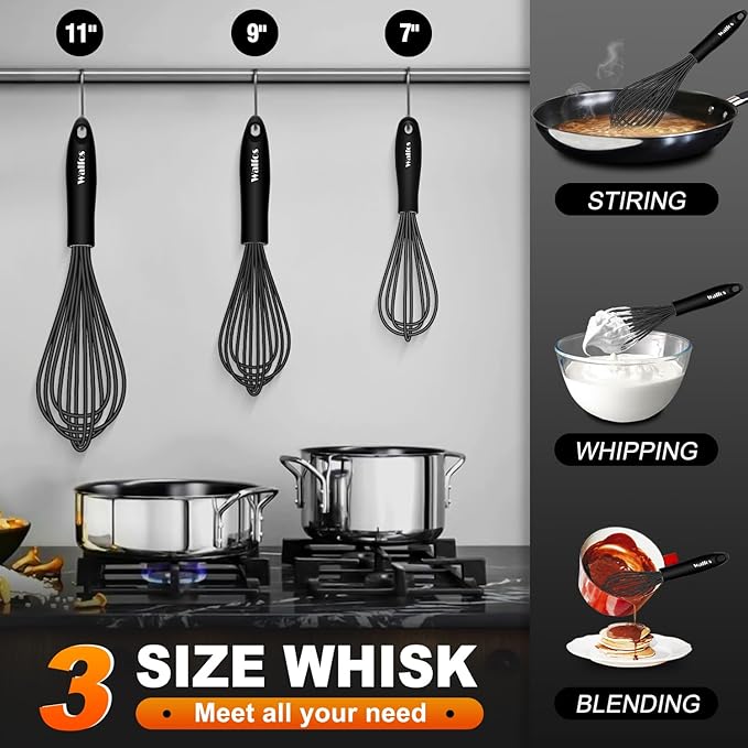 Walfos Silicone Whisk,Stainless Steel Wire Whisk Set of 3 -Heat Resistant 480째F Kitchen Whisks for Non-stick Cookware,Balloon Egg Beater Perfect for Blending,Whisking,Beating,Frothing & Stirring,Black