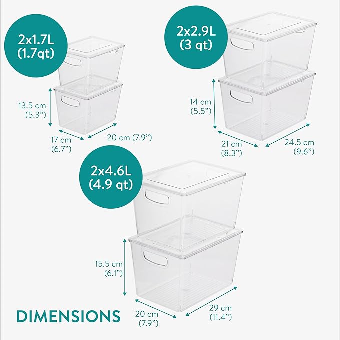 Navaris Fridge Storage Containers with Lids - Stackable Space-Saving Organizers - Large Capacity for Kitchen Pantry Organization - Set of 6 (1.7QT/3QT/4.9QT - 1.65L/2.85L/4.6L)