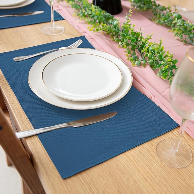 Rinpon Cloth Navy Blue Placemats Set of 8, Linen Type Fabric Placemats Machine Washable Heat Resistant Placemats Polyester Place Mats for Halloween, Thanksgiving and Christmas Dining Table (Navy Blue)