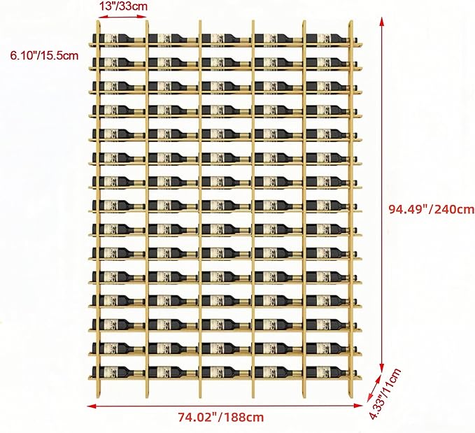 75-Bottle 5-Column Wall-Mounted Wine Rack, Gold Metal Wine Bottle Holder with Vertica Design, Space-Saving Wine Storage Shelf for Home Bar, Kitchen, Restaurant & Cellar(75 Bottles, 74.02" W)