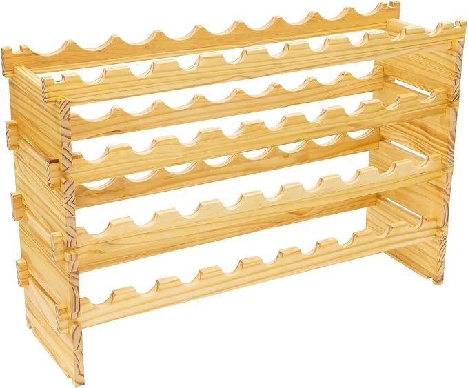 Pearington 36 Bottle Stackable Modular Wine Rack, 4-Tier Solid Pine Wine Bottle Holder, Free Standing Display Shelf, Wobble-Free Shelves for Kitchen, Bar, and Cellar, 10” x 33.5” x 21”