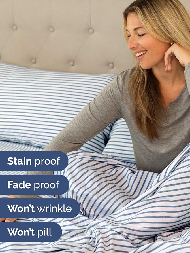 Extra Deep Pocket Twin Sheets - 3 Piece Breathable & Cooling Bed Sheets - Hotel Luxury Bed Sheet Set - Soft, Wrinkle Free & Comfy - Easily Fits Extra Deep Mattresses - Deep Pocket Blue Striped Sheets
