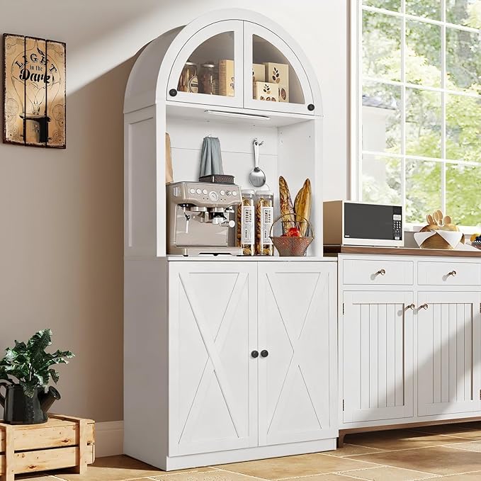 71" Tall Arched Kitchen Pantry Cabinet, Farmhouse Storage Cabinet with LED Light, Adjustable Shelves & Glass Door, Versatile Cupboard for Kitchen, Dining Room, Bathroom