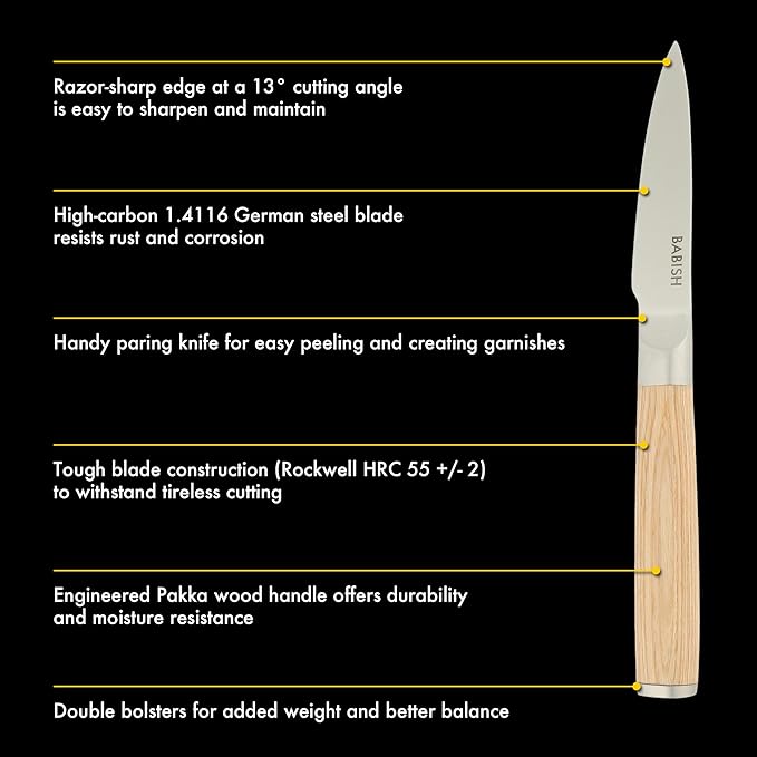 Babish 1.4116 German Stainless Steel Paring Knife with Light Pakka Wood Handle ??3.5-Inch Precision Kitchen Knife for Peeling, Trimming & Prep Work, Full-Tang Blade