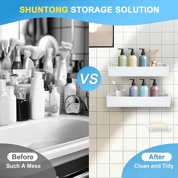 Premium Shower Caddy, Adhesive Bathroom Shower Organizer and Storage, No Drill Shower Shelves for Inside Shower, Rustproof Shower Storage Rack 4 Pack White