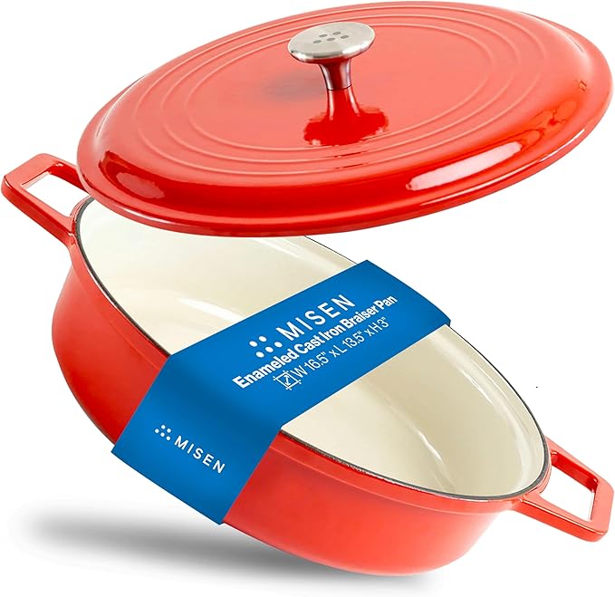 Misen 5.5 QT Braiser ??Enameled Cast Iron Pan for Searing, Braising & Slow Cooking ??No-Chip Enamel Coating ??Extra-Wide Handles ??Superior Heat Retention & Even Cooking - Red