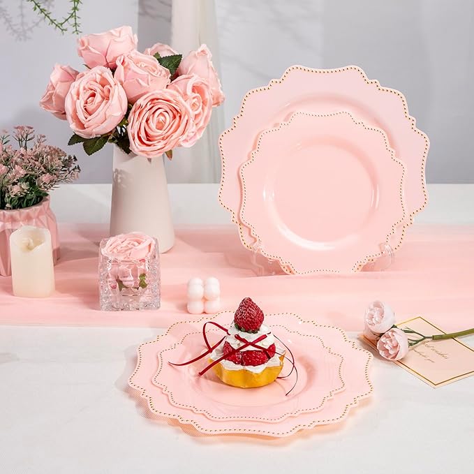 COLOSUS 60pcs Disposable Plastic Plates Set, Gold Pink Party Plates, 30pcs Dinner Plates and 30pcs Salad/Dessert Plates for Wedding, Party, Anniversary, Daily Use