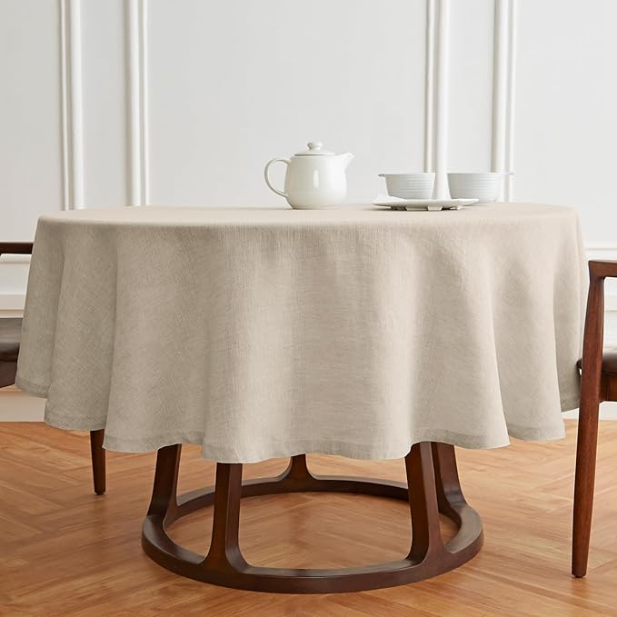 Solino Home Linen 60 Inch Round Tablecloth - 100% Pure Linen Flax Round Tablecloth - Machine Washable Table Cloth for Spring, Easter - Sonoma